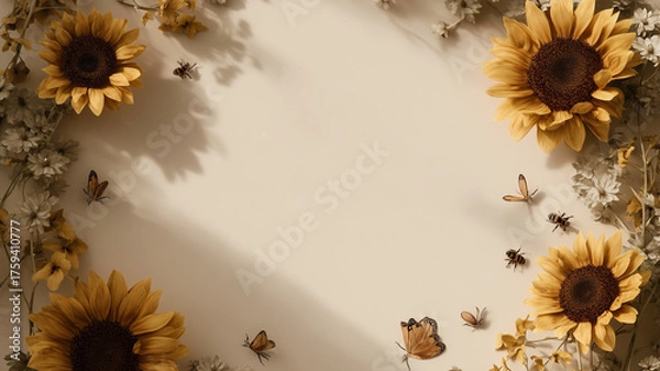 Fototapeta Sunflower flat lay background with butterflies and bees on beige paper for autumn design. Perfect for seasonal greetings, invitation cards or social media posts.