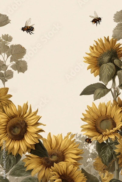 Fototapeta Sunflower flat lay background with butterflies and bees on beige paper for autumn design. Perfect for seasonal greetings, invitation cards or social media posts.