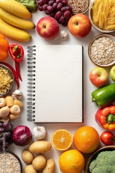 Fototapeta Vibrant Top-Down Flat Lay: Fresh Fruits, Vegetables, Pasta, and Recipe Notebook on White Background