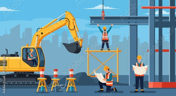 Obraz Team of construction workers on site with excavator and blueprints developing urban infrastructure