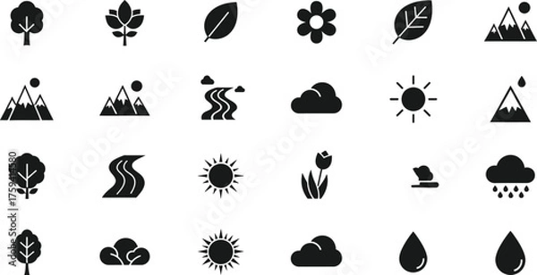 Fototapeta Collection of nature and weather icons including trees mountains sun clouds rain rivers and leaves isolated on transparent background
