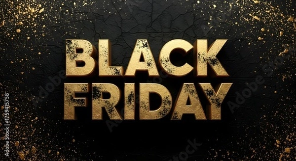 Fototapeta Black friday golden text on a dark background with glittering particles, representing sales and discounts during the holiday shopping season