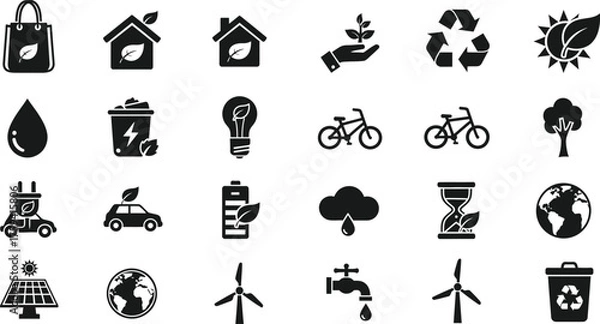 Fototapeta Collection of eco friendly sustainability and environment icons representing green energy and conservation isolated on transparent background