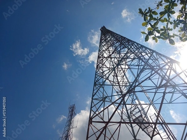 Obraz Telecommunication Antenna receiver on Gunung Medan cell phone tower with 4G base station transceiver