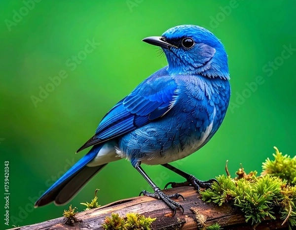 Fototapeta Vibrant blue avian sits on a branch with a soft green bokeh background