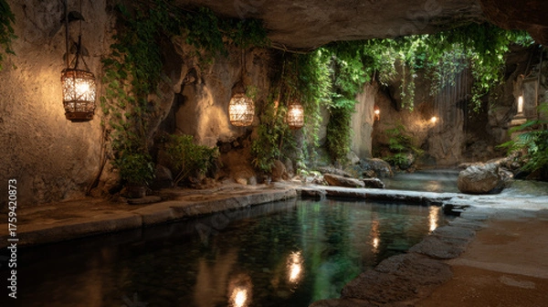 Fototapeta The indoor pool is located in a cavernous setting, surrounded by lush plants and hanging lights, and the clear waters create a serene atmosphere.