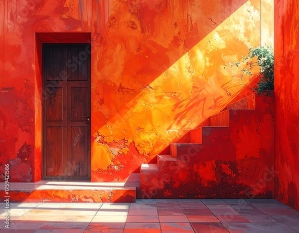 Fototapeta Vibrant exterior scene with a weathered red wall and staircase