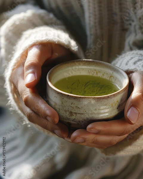 Fototapeta Close-up of hands holding a rustic ceramic cup filled with green herbal tea
