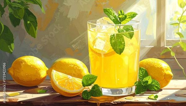Obraz Freshly squeezed lemon juice with mint sprig