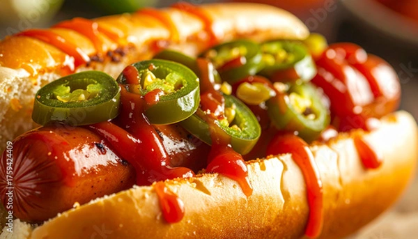 Obraz Hot dog topped with jalapeños and ketchup drizzle macro