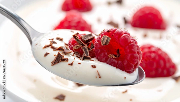 Obraz Spoonful of creamy yogurt with fresh raspberries and chocolate nibs, macro close-up
