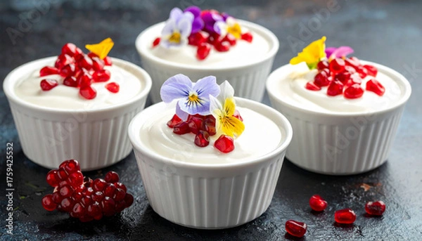 Obraz Yogurt bowl with pomegranate seeds and edible flowers