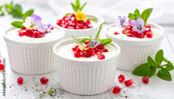Obraz Yogurt bowl topped with pomegranate seeds and edible flowers, macro close-up