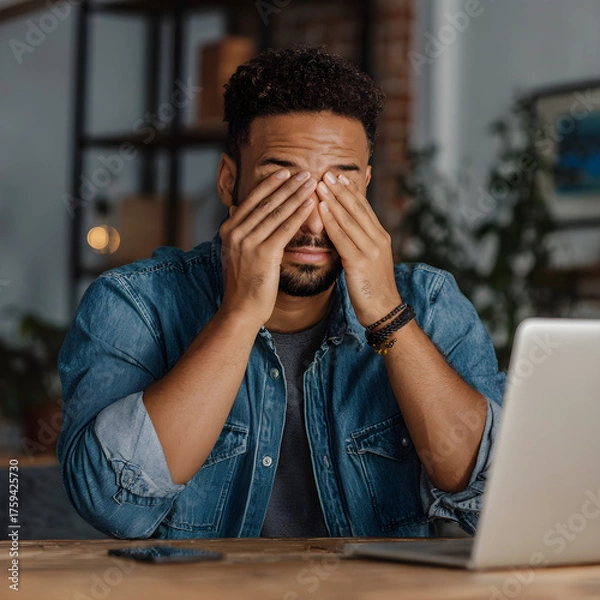 Fototapeta Young man covering his eyes with his hands while sitting at a desk with a laptop