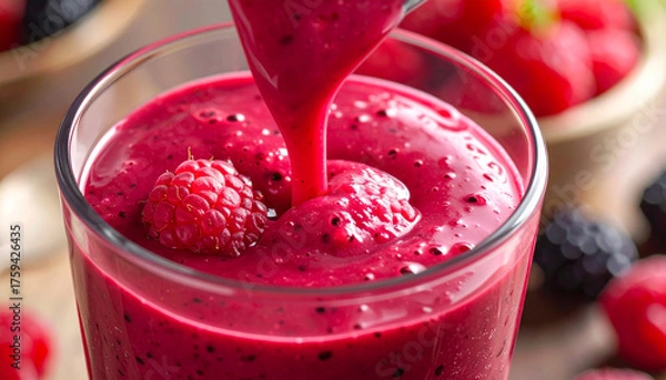 Fototapeta Berry smoothie being poured into glass, macro texture close-up
