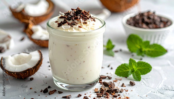 Obraz Yogurt topped with roasted coconut flakes and cacao nibs, macro close-up