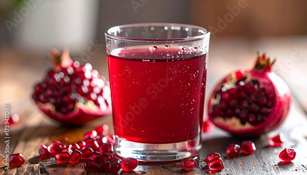 Fototapeta Pomegranate juice in small glass with droplets on rim