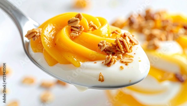Obraz Spoonful of yogurt with mango puree swirl and granola topping macro
