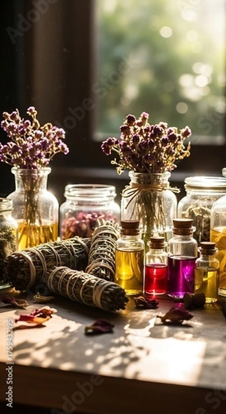 Obraz Apothecary Still Life - Herbal Remedies and Essential Oils in Sunlight.