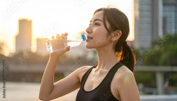 Fototapeta Young Asian woman taking a refreshing break, hydrating with bottled water outdoors during a beautiful golden hour sunset, maintaining a healthy and active lifestyle in the bustling city