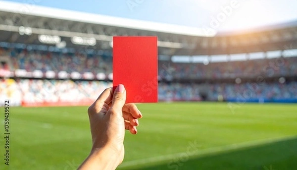 Fototapeta Hand holding red card in a football stadium with blurred crowd in background, symbolizing penalty or expulsion from game