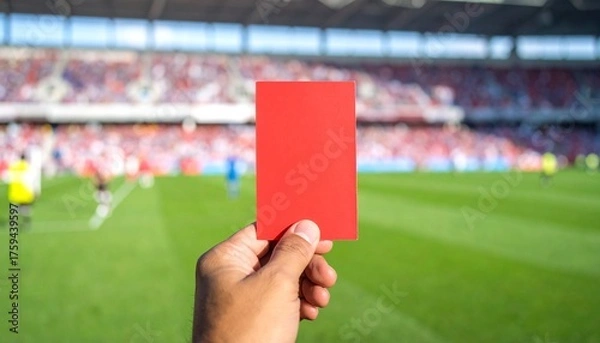 Fototapeta Hand holding red card in a football stadium with blurred crowd in background, symbolizing penalty or expulsion from game