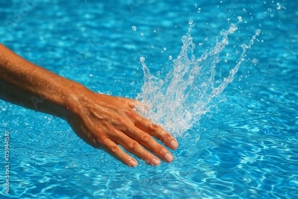 Fototapeta Close-up of hand splashing clear blue water in swimming pool under sunlight, refreshing summer concept