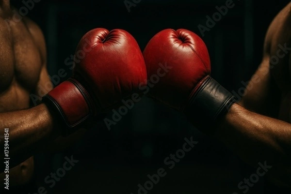Fototapeta Two boxers bumping red gloves before fight, dark gym atmosphere, strength and competition concept