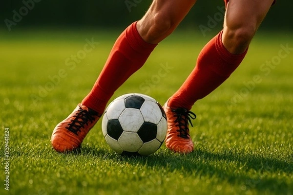 Fototapeta Close-up of soccer player dribbling black and white ball on green grass field, sports training concept