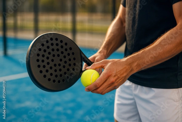 Fototapeta Close-up of male padel player preparing to serve with racket and ball on blue court, focus on hands and gear, outdoor sports concept