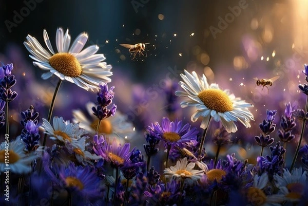 Fototapeta tiny glowing fairies and bees flying between blooming daisies and lavender, sunlight filtering through petals,