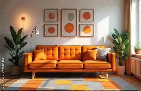 Obraz Cozy living space features an orange sofa with pillows artwork and indoor plants. This modern interior includes a patterned rug warm colors and floor lamp creating inviting home decor.