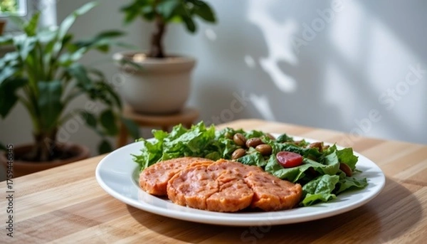 Obraz Fresh Salad with Cherry Tomatoes and Sliced Salmon on a Wooden Table in Bright Indoor Setting