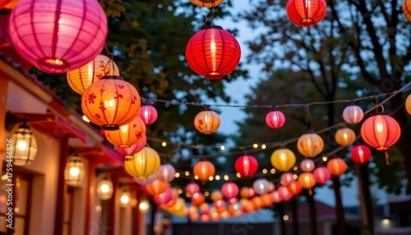 Obraz Colorful Decorative Lanterns Illuminating Pathway During Evening in Outdoor Celebration