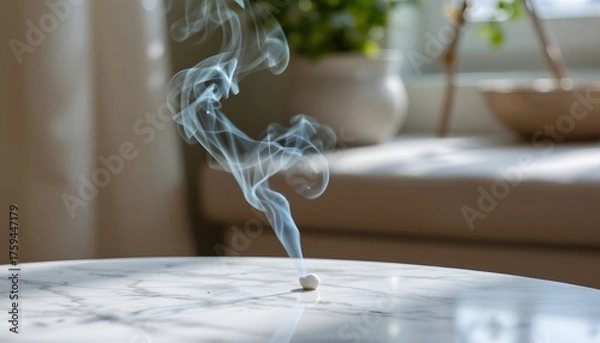 Obraz Delicate Smoke Rising from Incense on a White Table in a Serene Home Environment