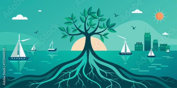 Fototapeta Stylized Tree With Roots Growing Into Ocean With Sailboats Keywords: tree, roots, ocean, water