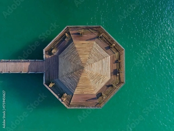 Fototapeta Aerial view of a wooden octagonal pavilion extending over vibrant turquoise water, connected by a narrow walkway.