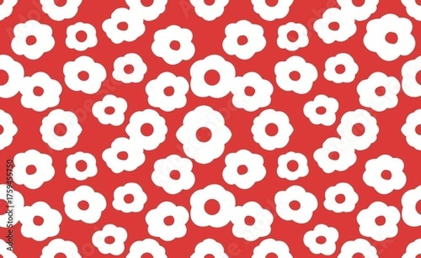 Fototapeta seamless pattern with cute white flowers and red background