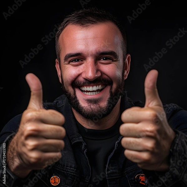 Fototapeta Smiling man showing thumbs up on dark background