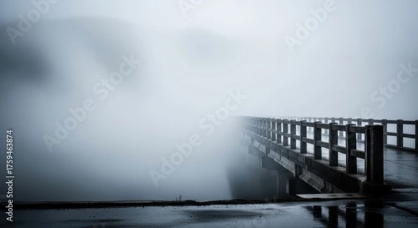 Fototapeta A wooden pedestrian bridge disappears into a thick, swirling fog, with reflections visible on the wet surface, evoking a sense of isolation and mystery