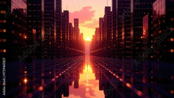 Obraz Futuristic Cityscape at Sunset with Reflections.