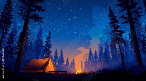 Fototapeta A serene camping scene featuring a warm glow from a campfire beside a tent under a starry night sky.