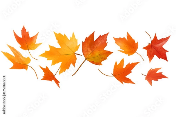 Fototapeta autumn leaves isolated on white background - Falling Autumn Leaves – Scattered Maple Leaves in Shades of Orange, Red, and Yellow on White Background Representing Seasonal Change and Natural Beauty