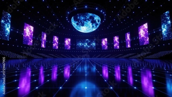 Fototapeta Futuristic Concert Stage with Digital Screens and Reflective Floor.