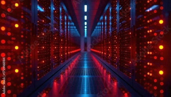 Obraz Futuristic Data Center - Red and Blue Illuminated Server Room.