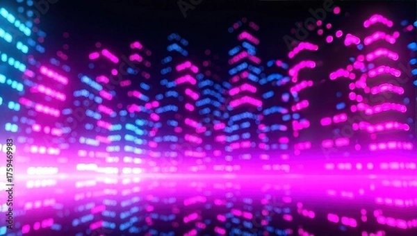 Fototapeta Futuristic Neon Cityscape with Glowing Buildings and Reflections at Night.