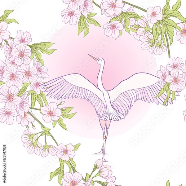 Obraz Seamless pattern with Japanese blossom sakura and crane, bird. V