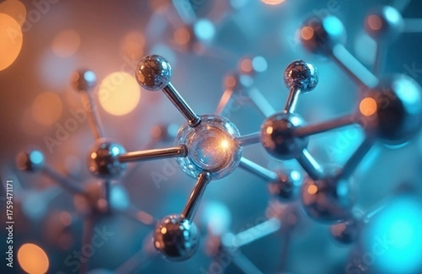 Fototapeta Abstract molecular structure with blue and orange lights. Metallic spheres connected by rods form an atomic lattice. Scientific visualization for chemistry and research.