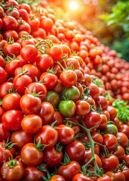 Fototapeta Abundance of ripe red cherry tomatoes on the vine with a bright sunlight shining from above