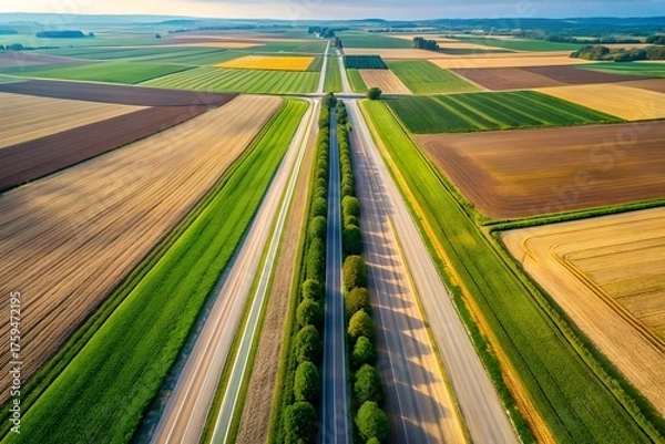 Fototapeta Aerial view of a highway cutting through farmland with fields of crops and green trees on a sunny day